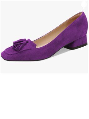 YDN Purple Block Low Heel Loafer Square Toe Tassel Fringe Slip On Dress Pump